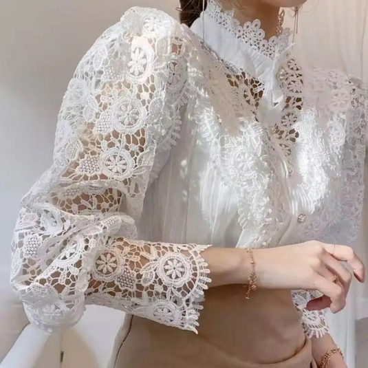 Vintage Solid White Lace Blouse Shirts Women Korean Button Loose Shirt Tops Female Hollow Casual