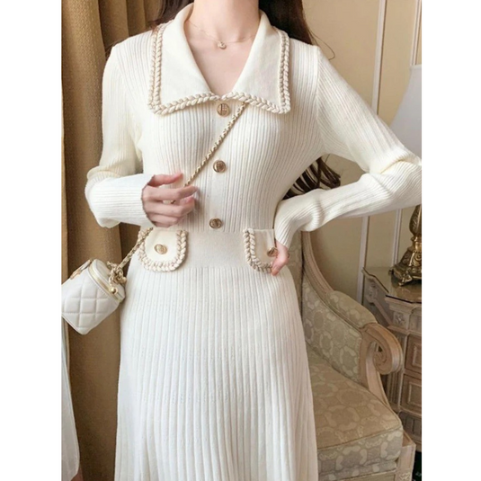 Women Knitting Midi Long A Line Dresses Lapel Collar Button Decor Knitwear Slim Vestidos Dress