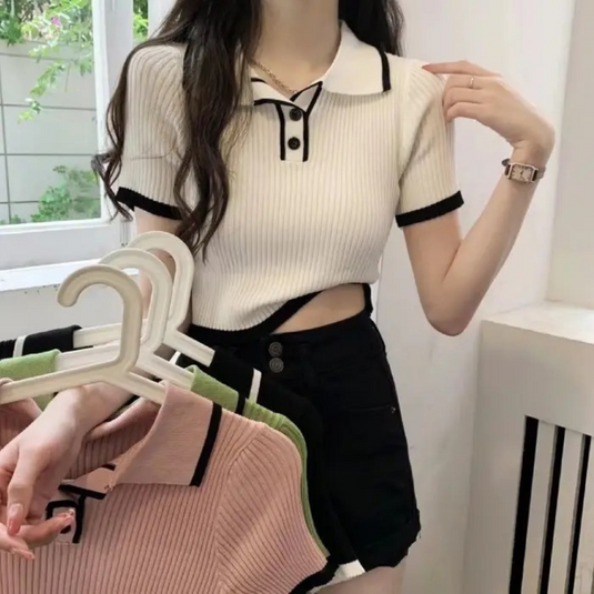 Knitted Crop Top T Shirt Female Cropped Clothing Ladies Short Sleeve Shirring Solid White T-shirt