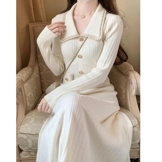 Women Knitting Midi Long A Line Dresses Lapel Collar Button Decor Knitwear Slim Vestidos Dress