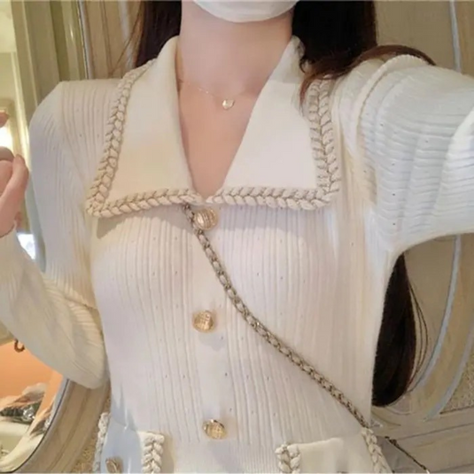 Women Knitting Midi Long A Line Dresses Lapel Collar Button Decor Knitwear Slim Vestidos Dress