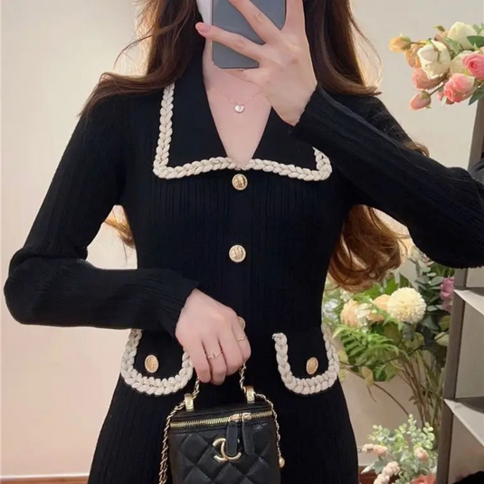 Women Knitting Midi Long A Line Dresses Lapel Collar Button Decor Knitwear Slim Vestidos Dress